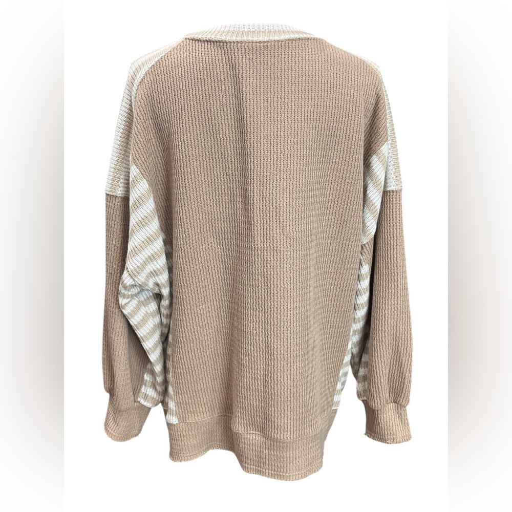 BiBi Waffle Knit Oversized Sweater Large Tan Cream Striped Boho Cozy Pullover - Picture 4 of 8